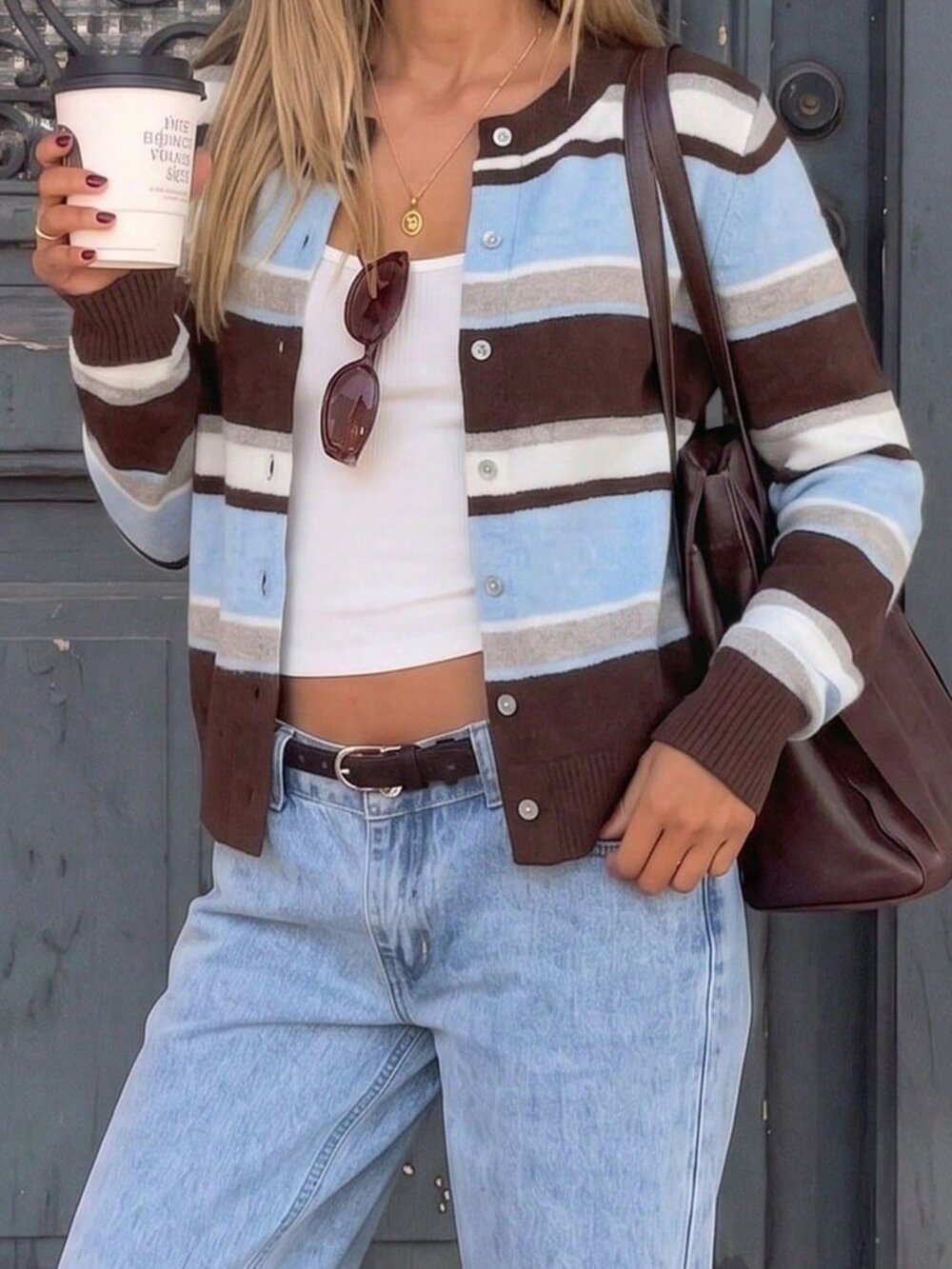 Multicolor Casual Women's Striped Knit Cardigan with Long Sleeve Neck Street Top - Picture 5 of 7